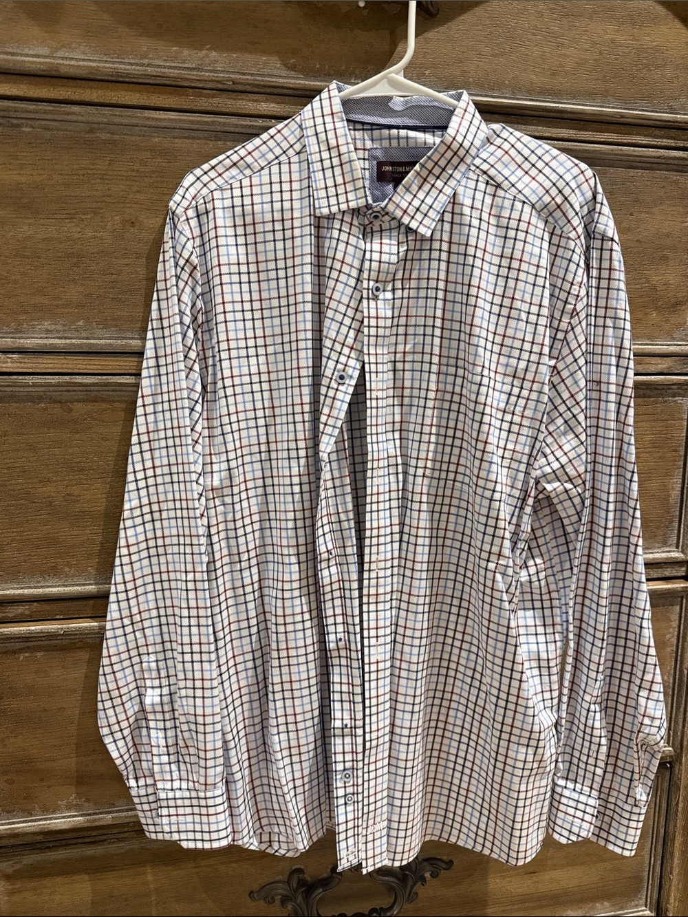 Johnston & Murphy White Shirt with Blue and Brown Windowpane Check